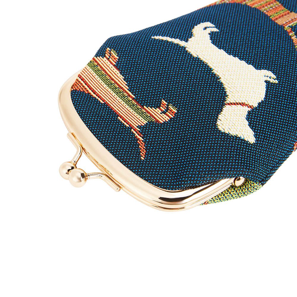Close up clasp detail of dachshund tapestry glasses pouch, eco‑friendly spectacle case, timeless countryside accessory, UK home style