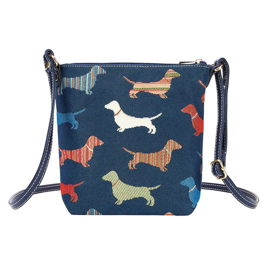 Dachshund tapestry sling bag with adjustable crossbody strap on blank background, eco‑friendly lightweight handbag, UK countryside style