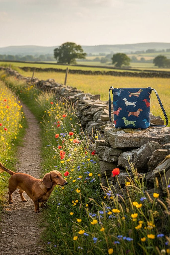 Dachshund tapestry sling bag resting on country pathway wall with dachshund dog on path, eco‑friendly crossbody handbag, timeless UK countryside style