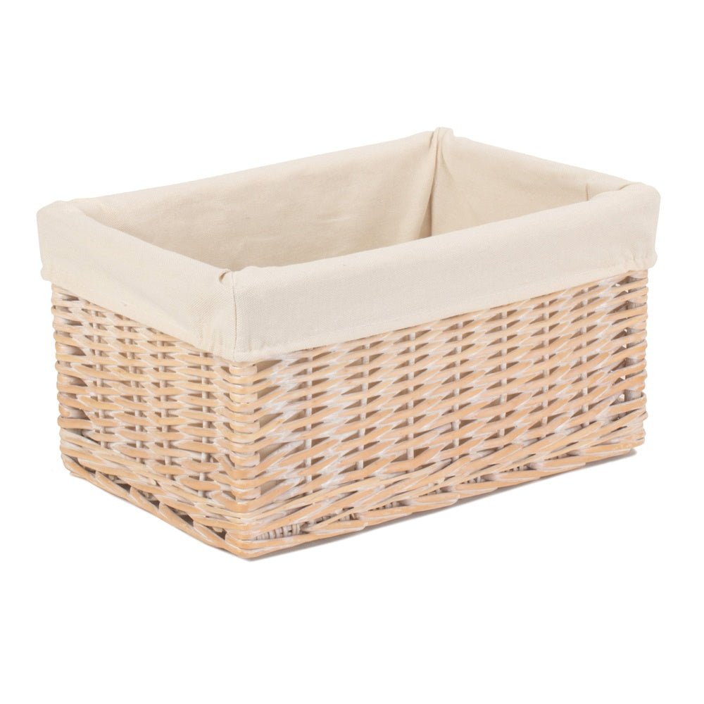 Edith Whitewash Keeper – single square whitewashed willow storage basket with removable white cotton lining, shown from above to reveal open interior and handwoven detail.