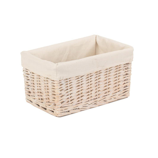 Edith Whitewash Keeper – single square whitewashed willow storage basket with removable white cotton lining, shown from a different angle to highlight woven detail and soft interior.