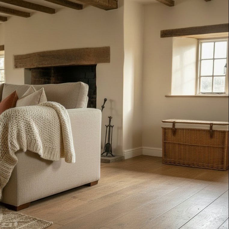 Large wicker basket corner living room throws cushions cottage UK