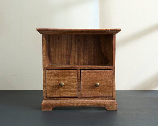 Mabel wooden cabinet 2 drawer mango wood kitchen storage displayed on its own