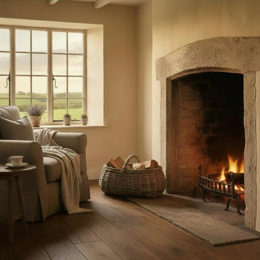 Marketstead grey rattan log basket beside stone fireplace cottage interior UK