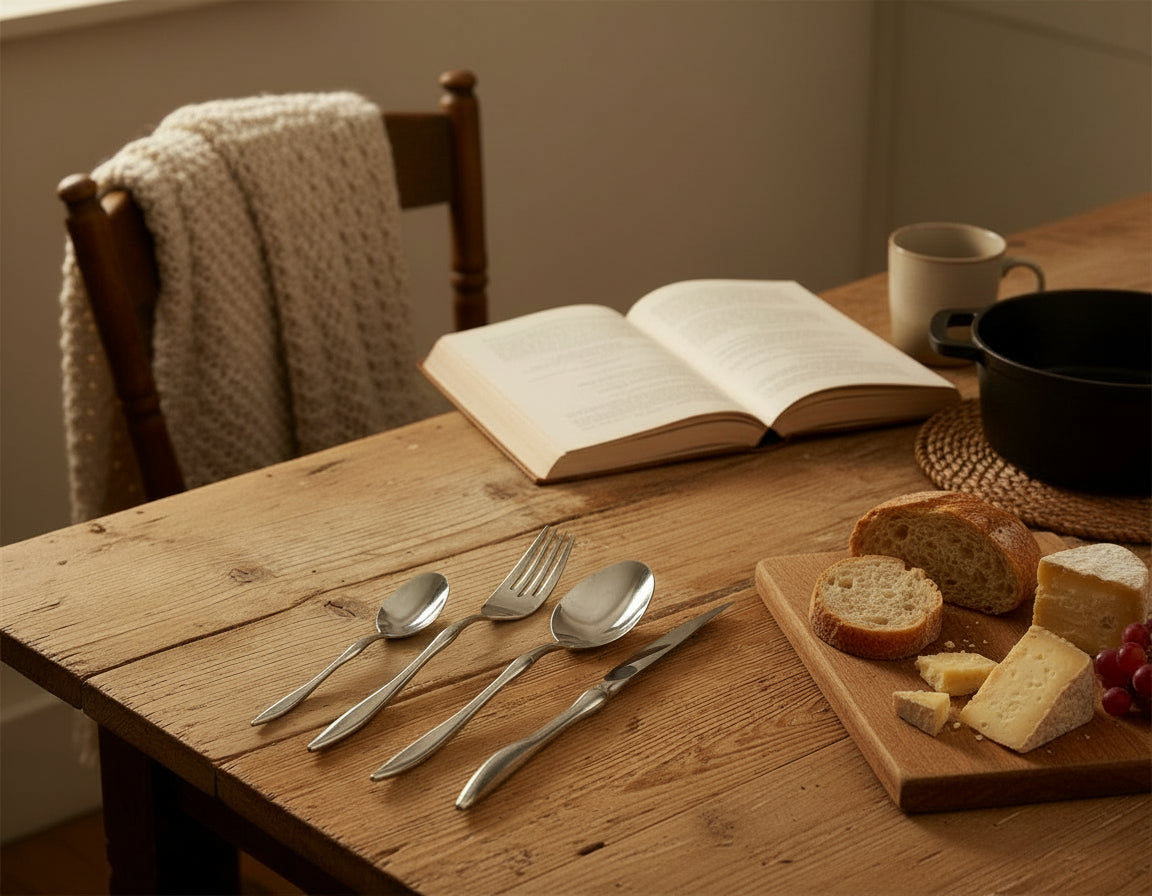 Mayfair Cutlery on a Wooden table with bread, cheese, utensils