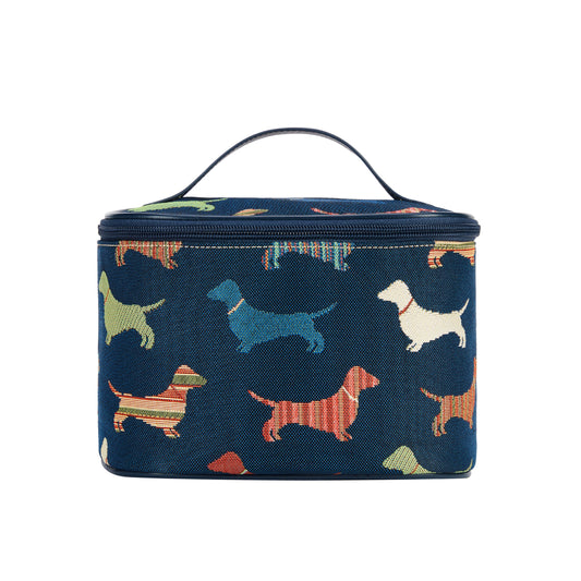Sausage dog toiletry bag UK with heritage tapestry design and secure zip closure
