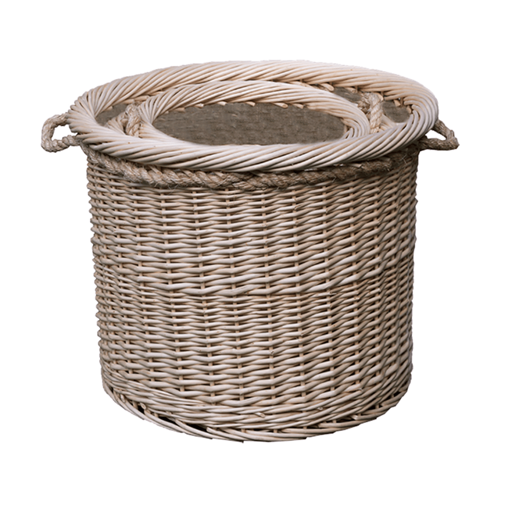 Staithes Log Keepers – set of three antique wash wicker log baskets with rope handles and natural cotton linings, shown side by side to highlight tiered sizing and handwoven texture.