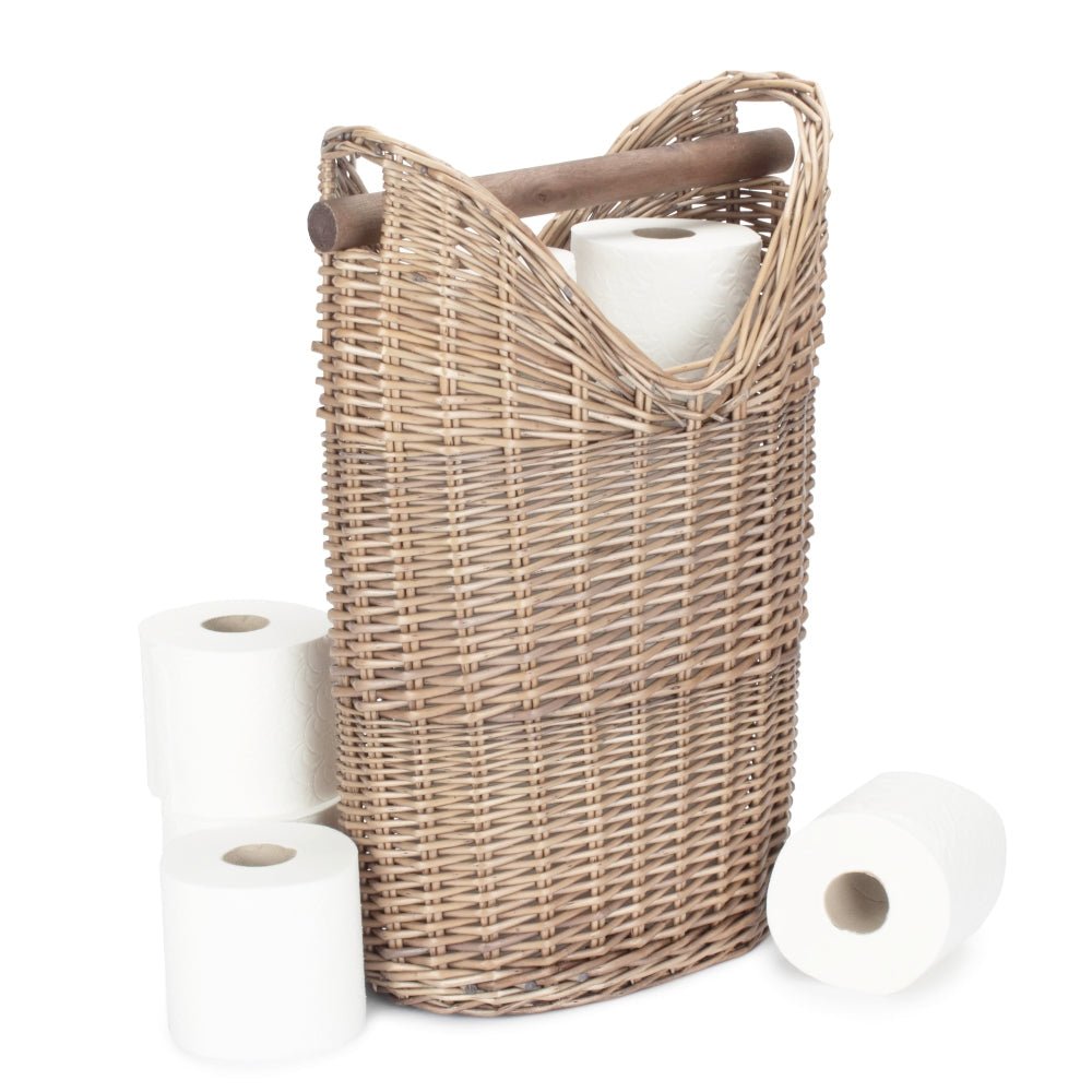 Wicker toilet roll holder stand with wooden handle holding toilet paper rolls