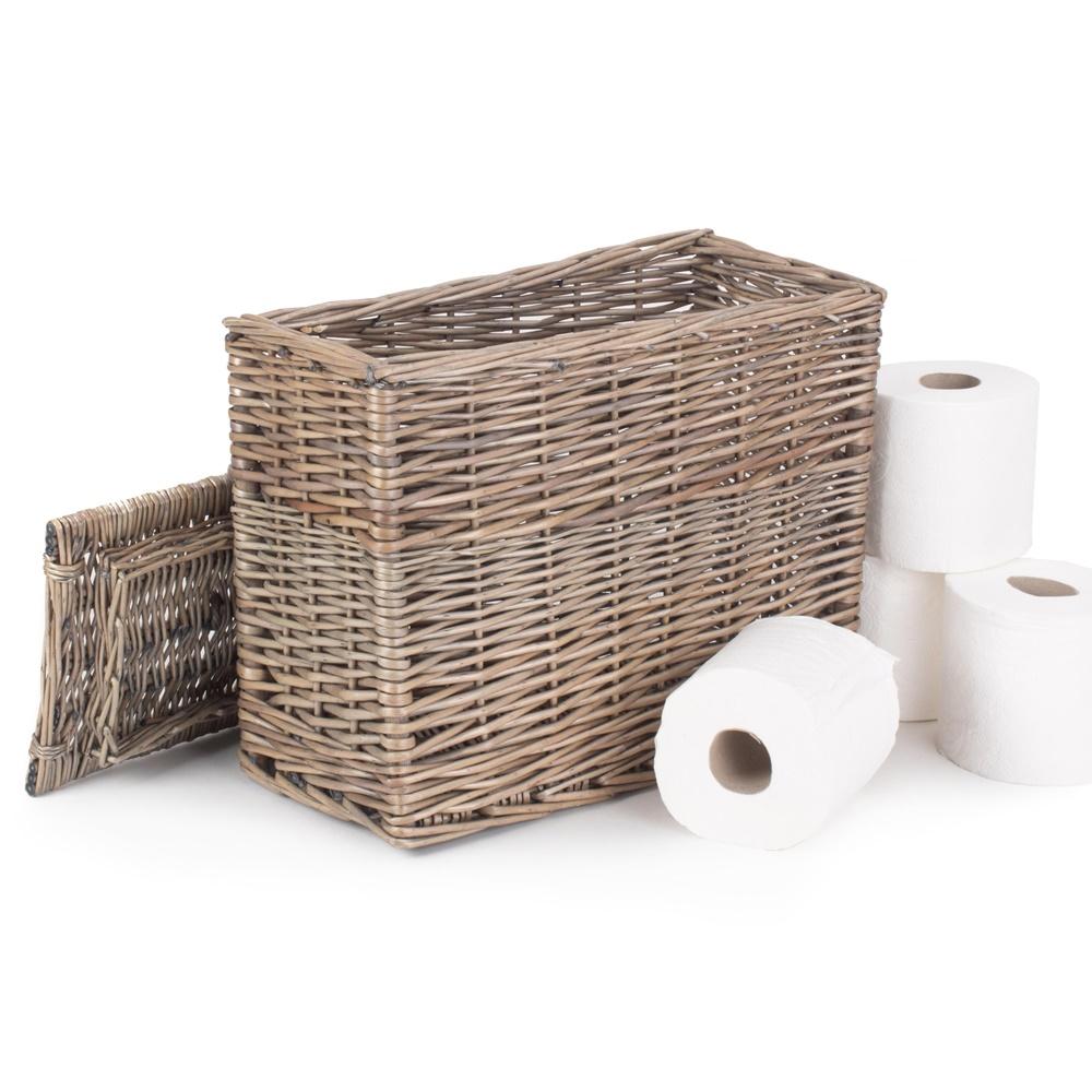 Handwoven lidded wicker basket for toilet rolls. Discreet, heritage-inspired bathroom storage with timeless countryside charm.