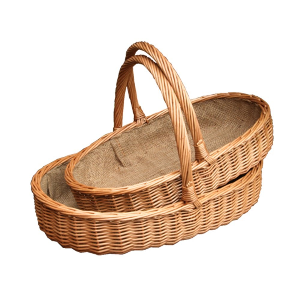 Set of 2 Harrowgate Gathering Trugs — handwoven antique wash wicker baskets with fabric lining and curved handles, styled for timeless garden rituals and rustic charm.