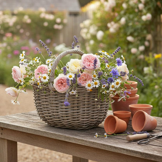 Abberley grey kubu rattan basket garden flowers foraging cottage garden UK