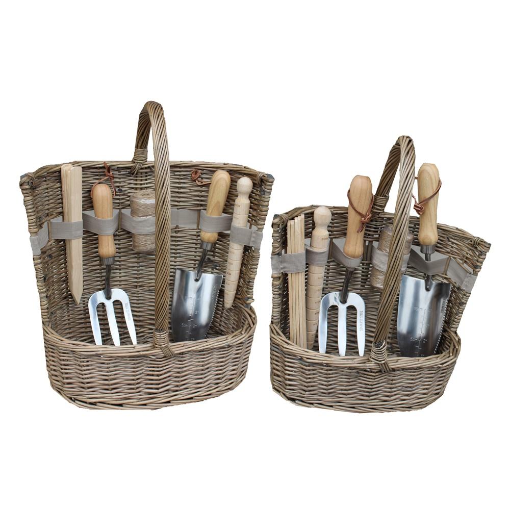 Set of two antique wash willow garden baskets with deluxe tools, shown in small and large sizes. Rustic countryside style with soulful woven texture.