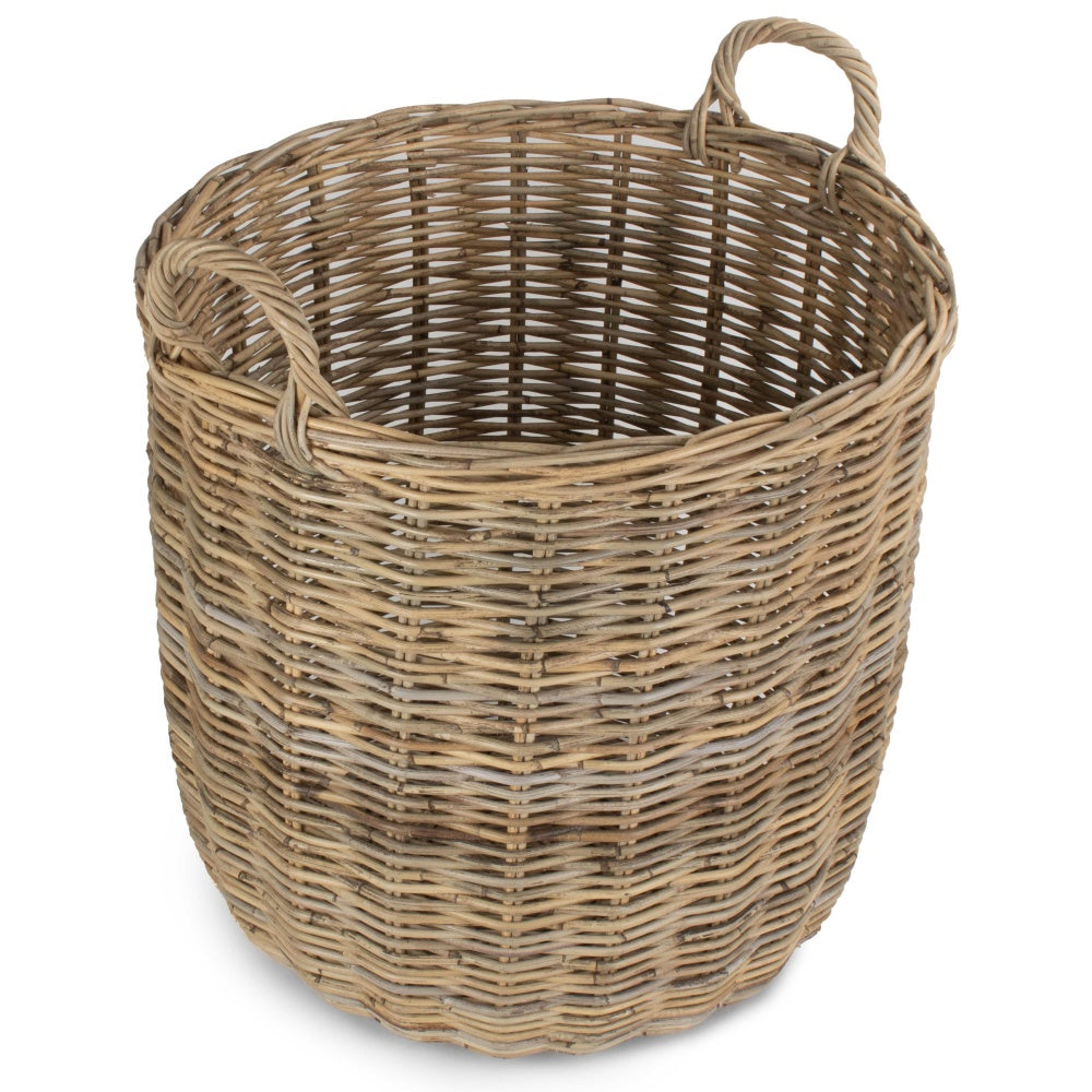 Interior view of Ashford tall grey rattan log basket, woven detail and generous capacity visible