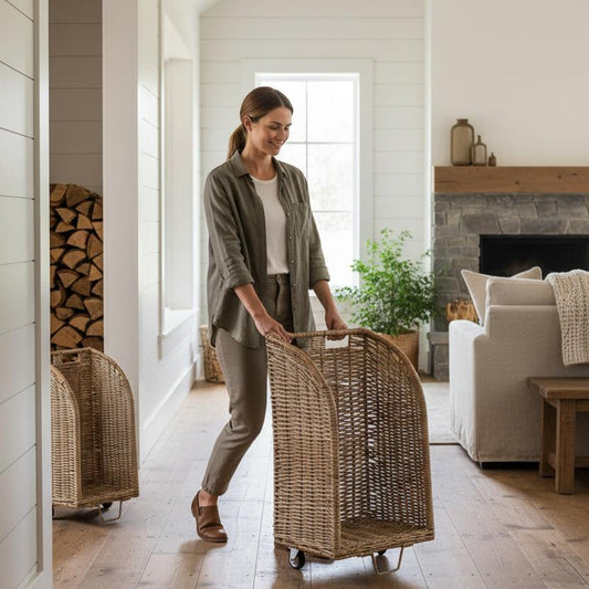 Bewdley log trolleys modern country living room contemporary fireplace UK