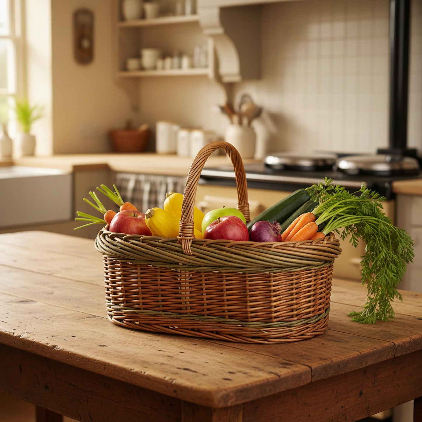 Handwoven green willow basket with apples farmhouse kitchen storage UK