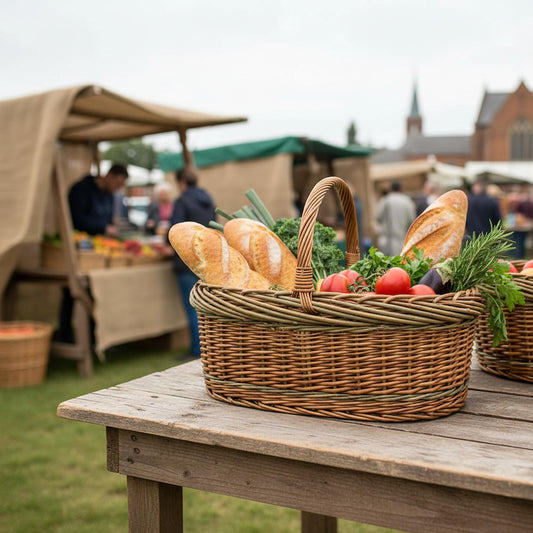 Handwoven green willow basket at UK farmers market with fresh bread produce