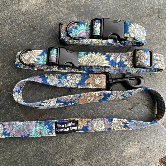 Blue sunflower dog collar adjustable cotton-wrapped webbing durable pet accessories UK