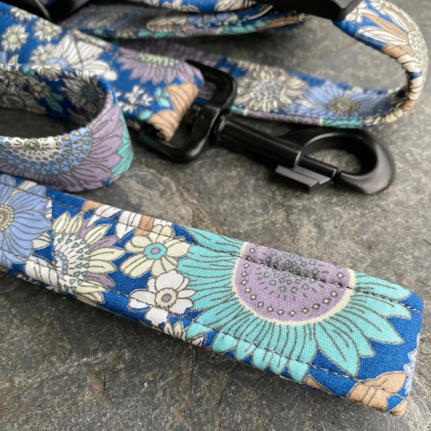 Blue sunflower dog collar lead set cheerful botanical print heritage pet accessories UK