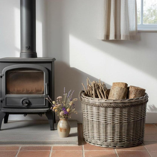 Antique wash wicker log basket farmhouse burner heritage home UK