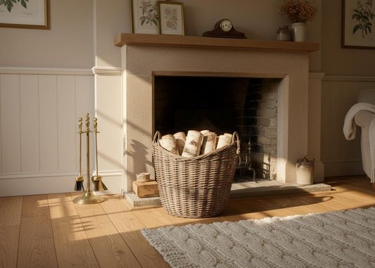 Curved opening log basket rustic country living room fireside UK