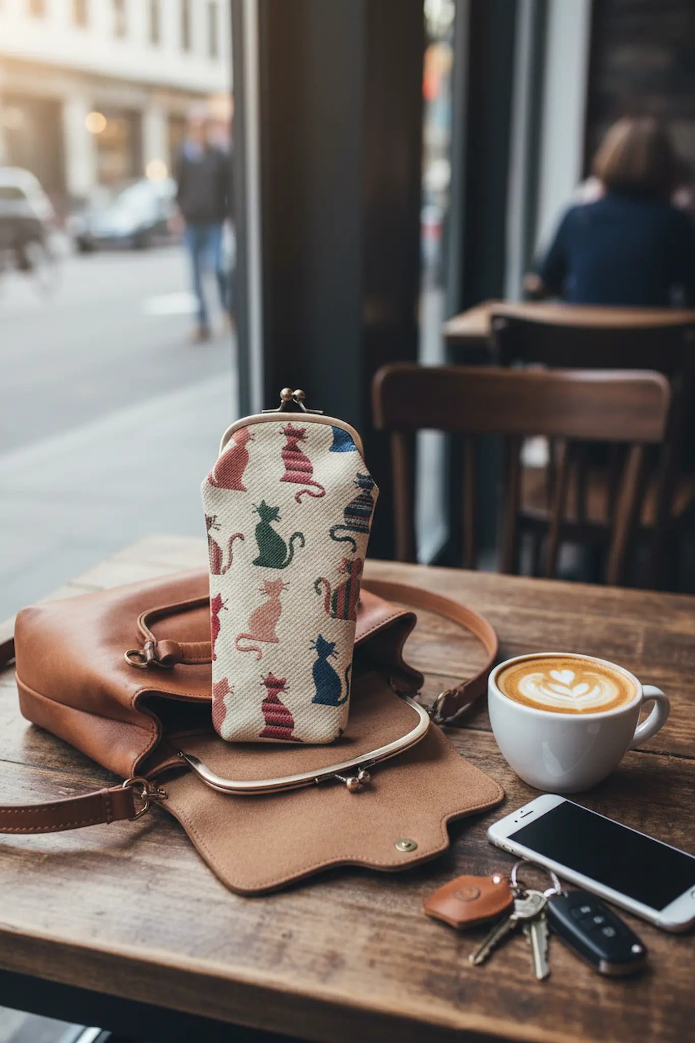 Cat's Whiskers glasses pouch lifestyle café scene UK – premium British homeware accessory