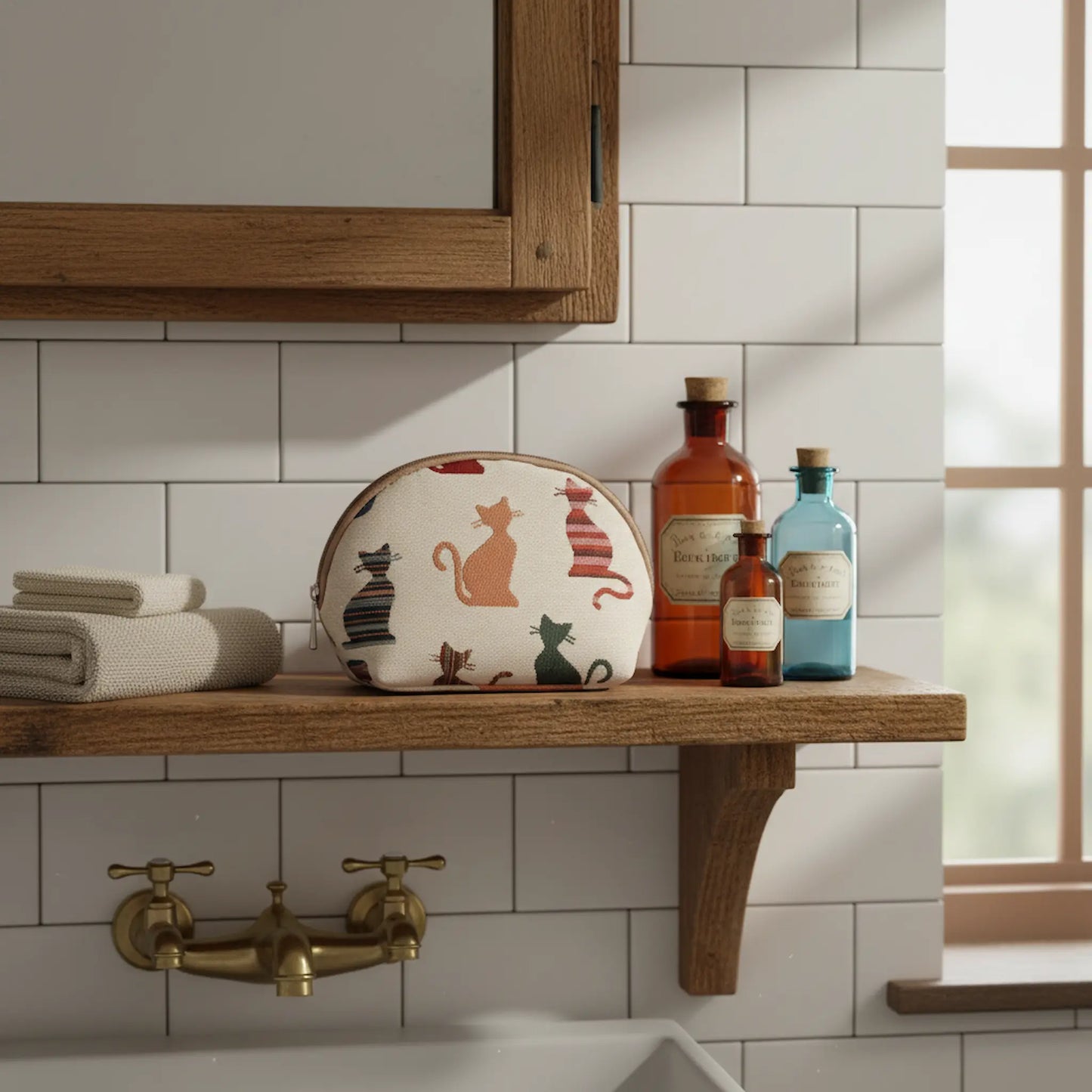 Cat's Whiskers cosmetic bag on rustic bathroom shelf UK – premium storage British home