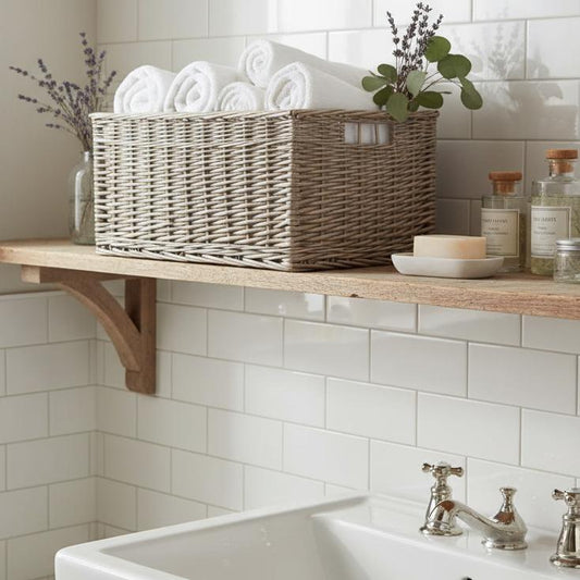 Antique wash wicker storage basket bathroom towels rustic styling UK