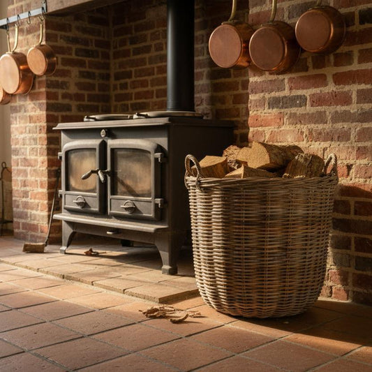 Cordura lined rattan log basket beside wood stove country kitchen UK