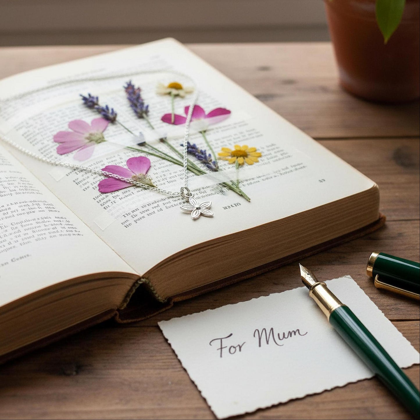 Cottage garden flower pendant necklace vintage gardening book for mum pressed flowers gift UK