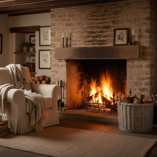 Cropthorne wicker log basket cottage living room stone fireplace fireside UK