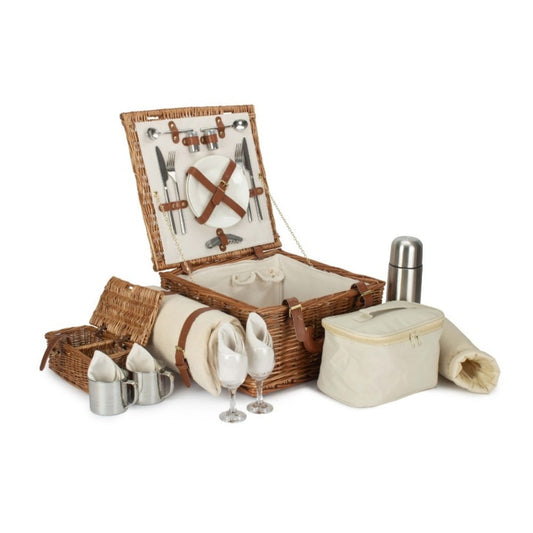 Deluxe fully fitted traditional wicker picnic basket for two, open view on plain background