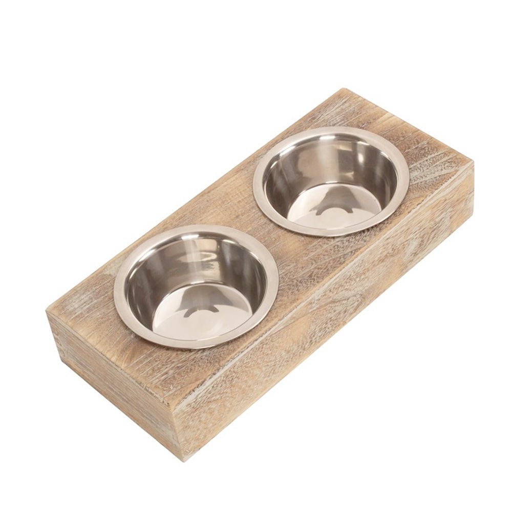 Full view of The Dootie Station – wooden pet feeding station with two stainless steel bowls, blending countryside charm with clean, modern design