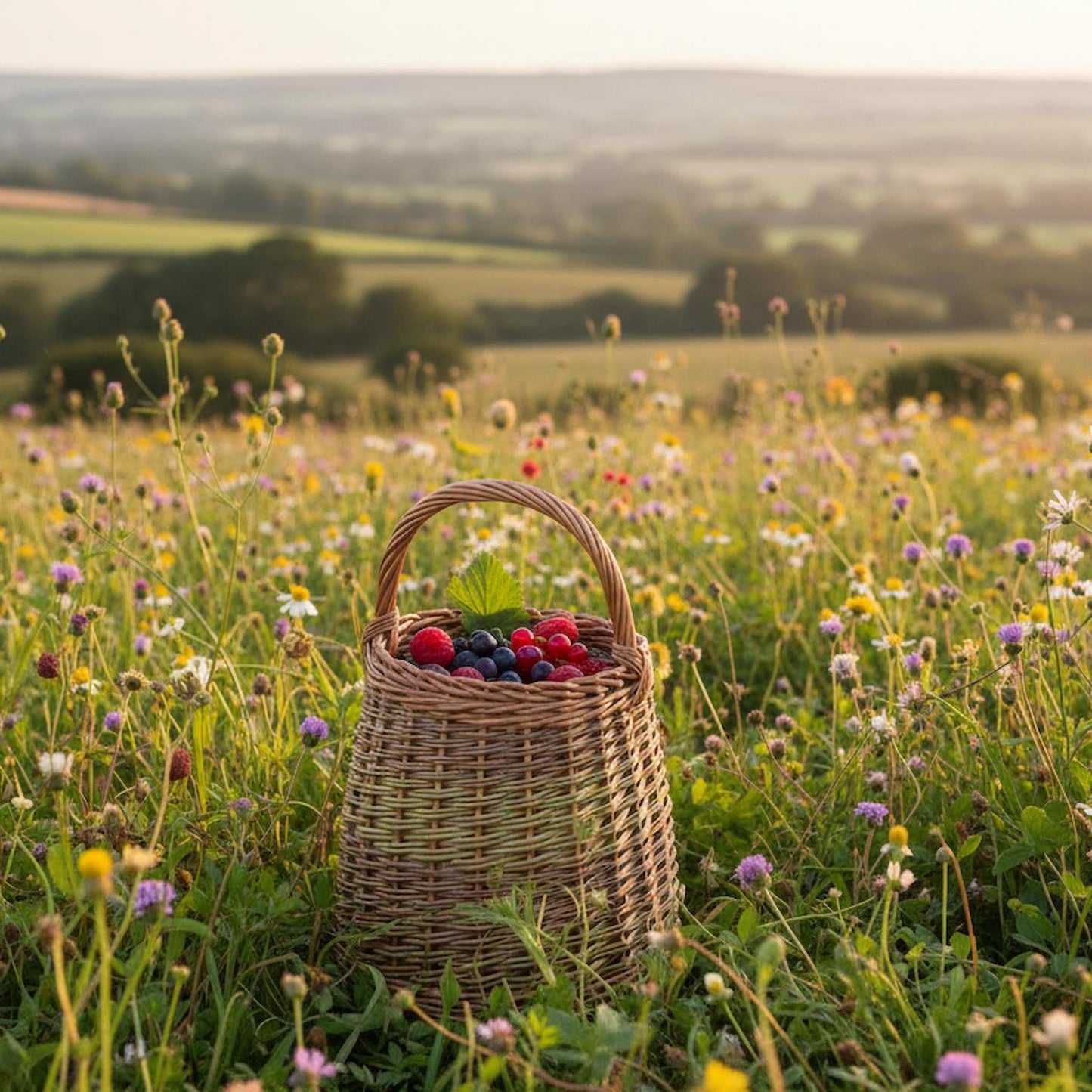 Sustainable wicker foraging basket in wildflower meadow countryside UK