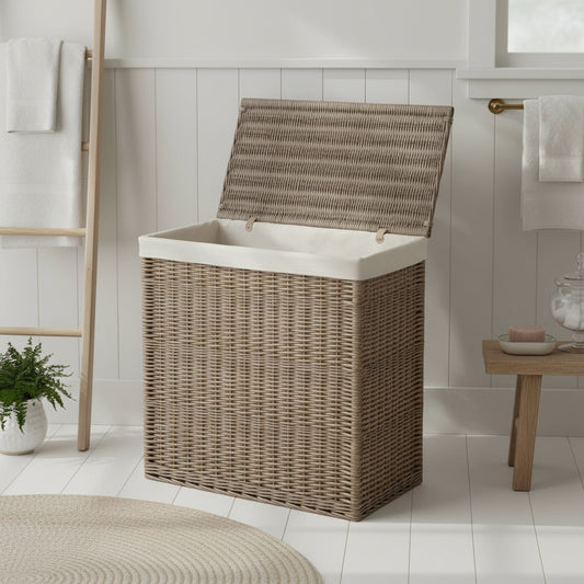 Elmsmere large wicker laundry basket with partition styled in bathroom interior
