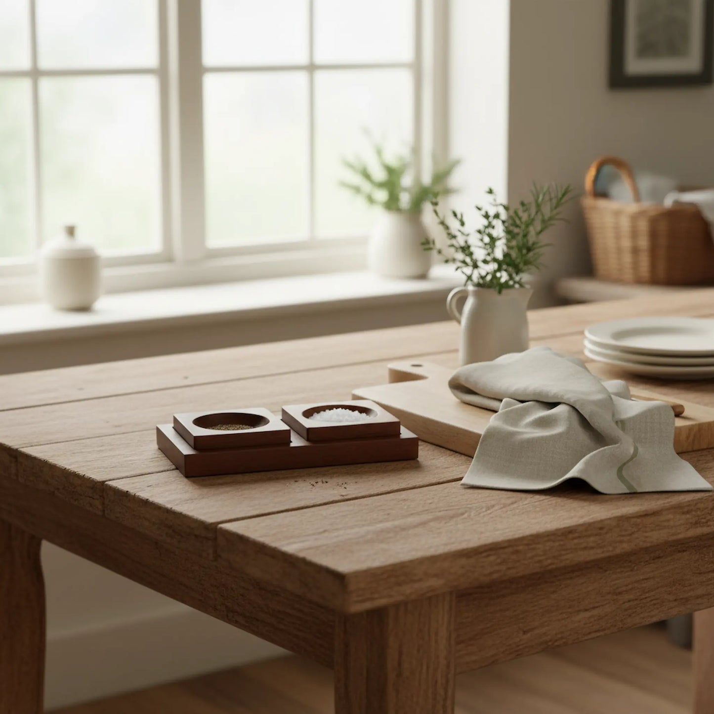 Wooden salt pepper pinch pot set with tray farmhouse kitchen UK country cottage dining table