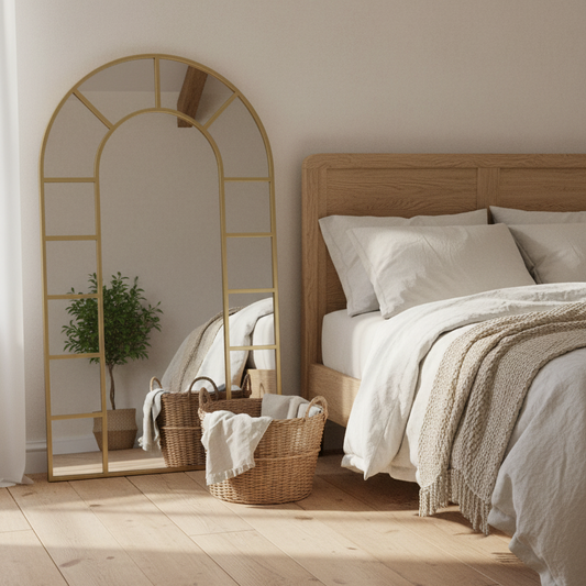Gold arched window leaner mirror in rustic farmhouse bedroom countryside cottage UK