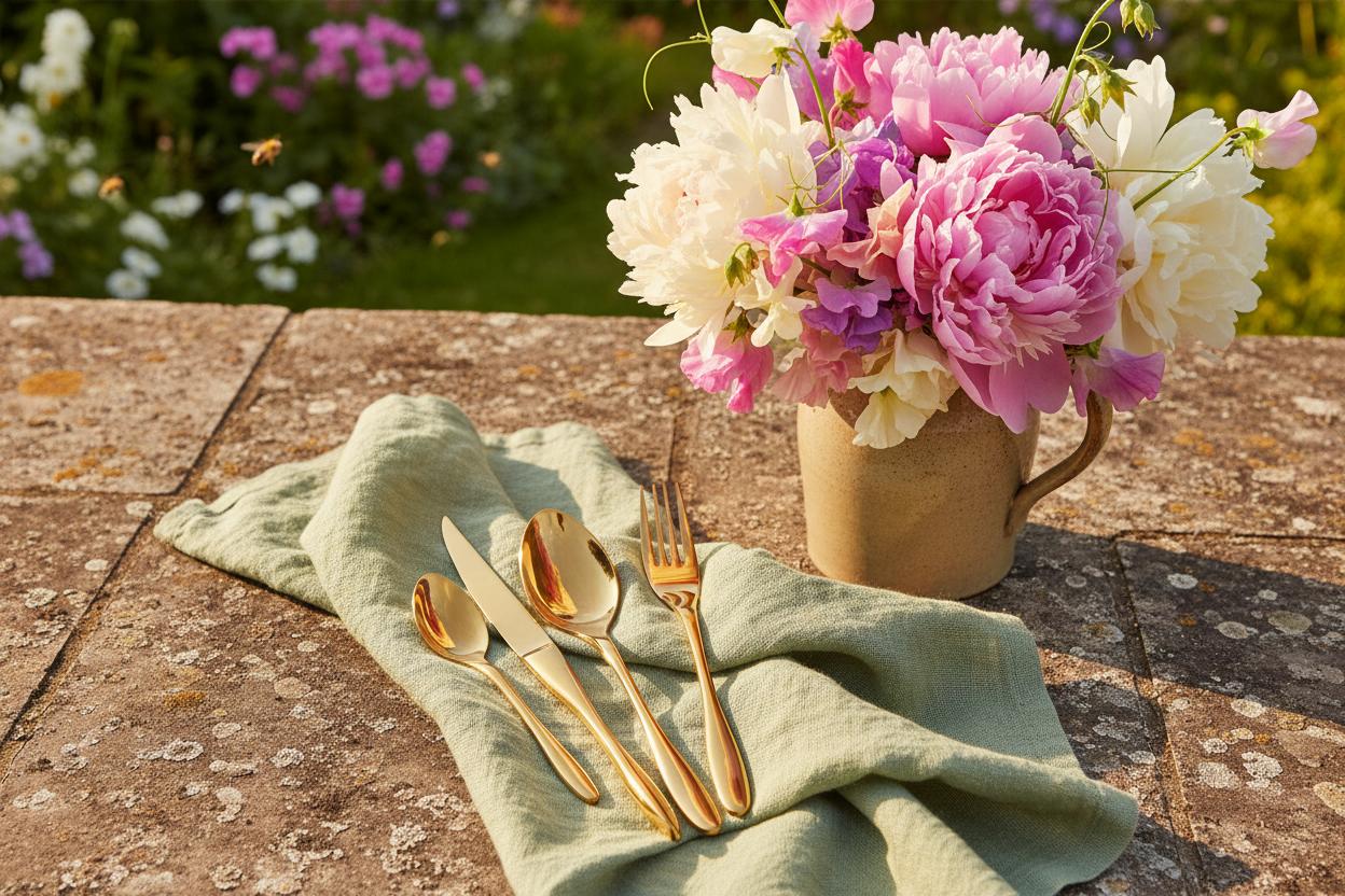 Gold cutlery set on stone terrace with peonies cottage garden summer UK