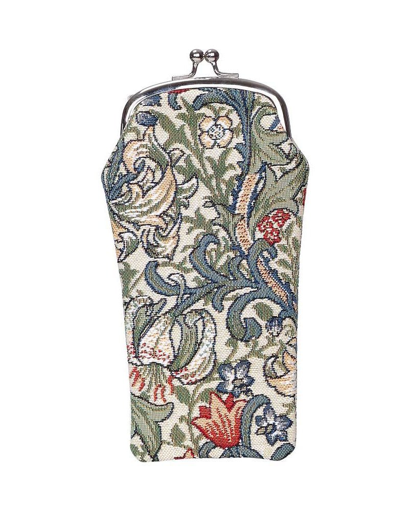 Golden Lily glasses pouch in William Morris tapestry with clasp closure, eco-dyed polyester and vegan faux leather in warm floral tones