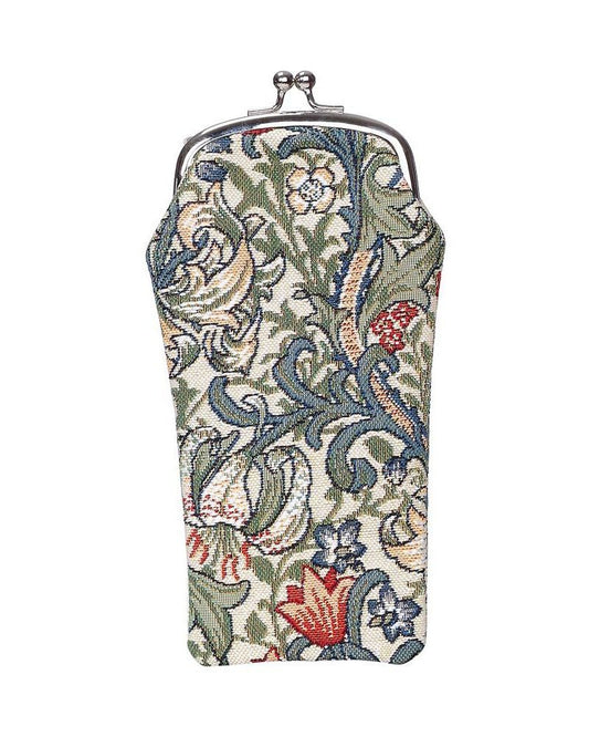 Golden Lily glasses pouch in William Morris tapestry with clasp closure, eco-dyed polyester and vegan faux leather in warm floral tones