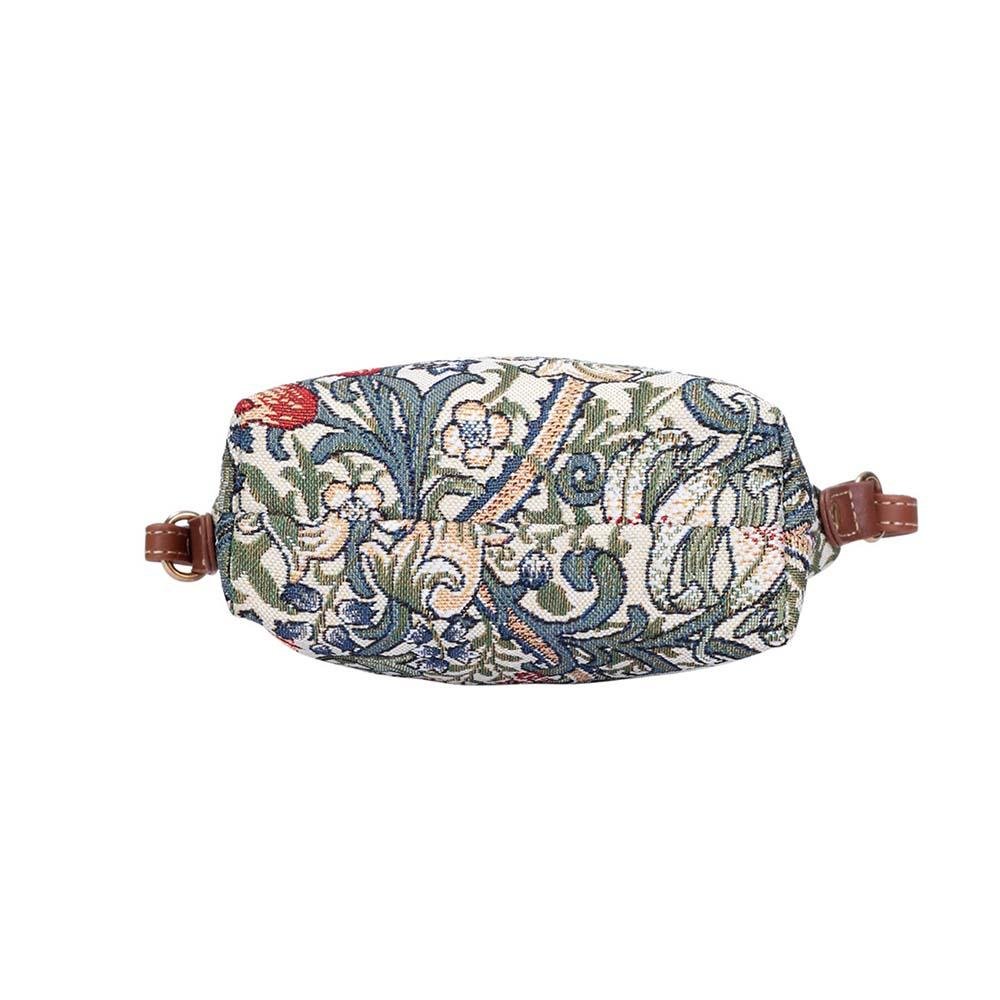 Bottom view of Golden Lily sling bag in William Morris tapestry showing structured base, floral pattern and vegan leather trim