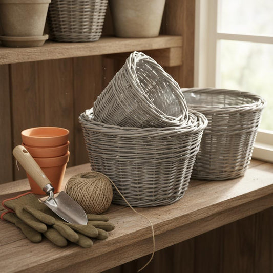 Set of 3 wicker planters on potting shed shelf with gardening tools UK
