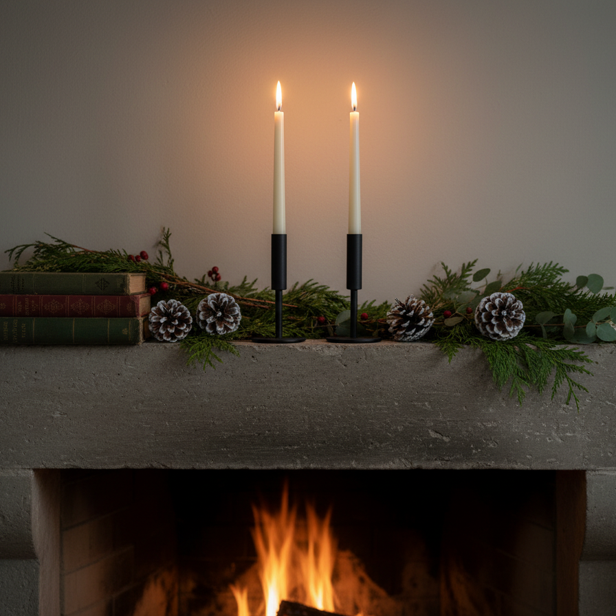 Harrington Candle Holders set of 2 in iron black on festive stone mantle with holiday décor