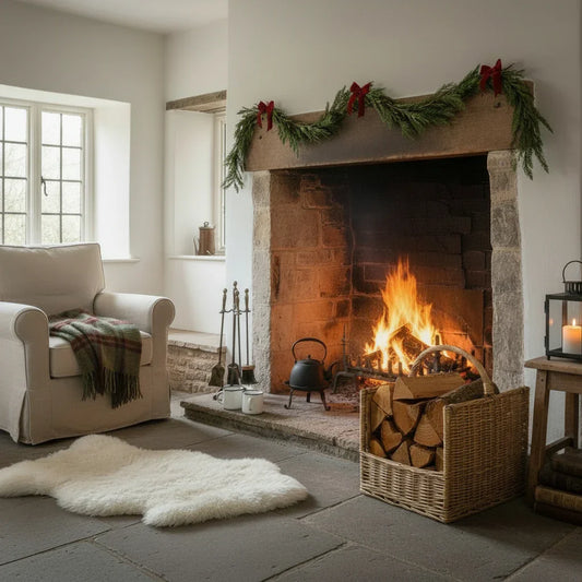 Antique wash wicker log basket beside lit fireplace cosy cottage sitting room UK