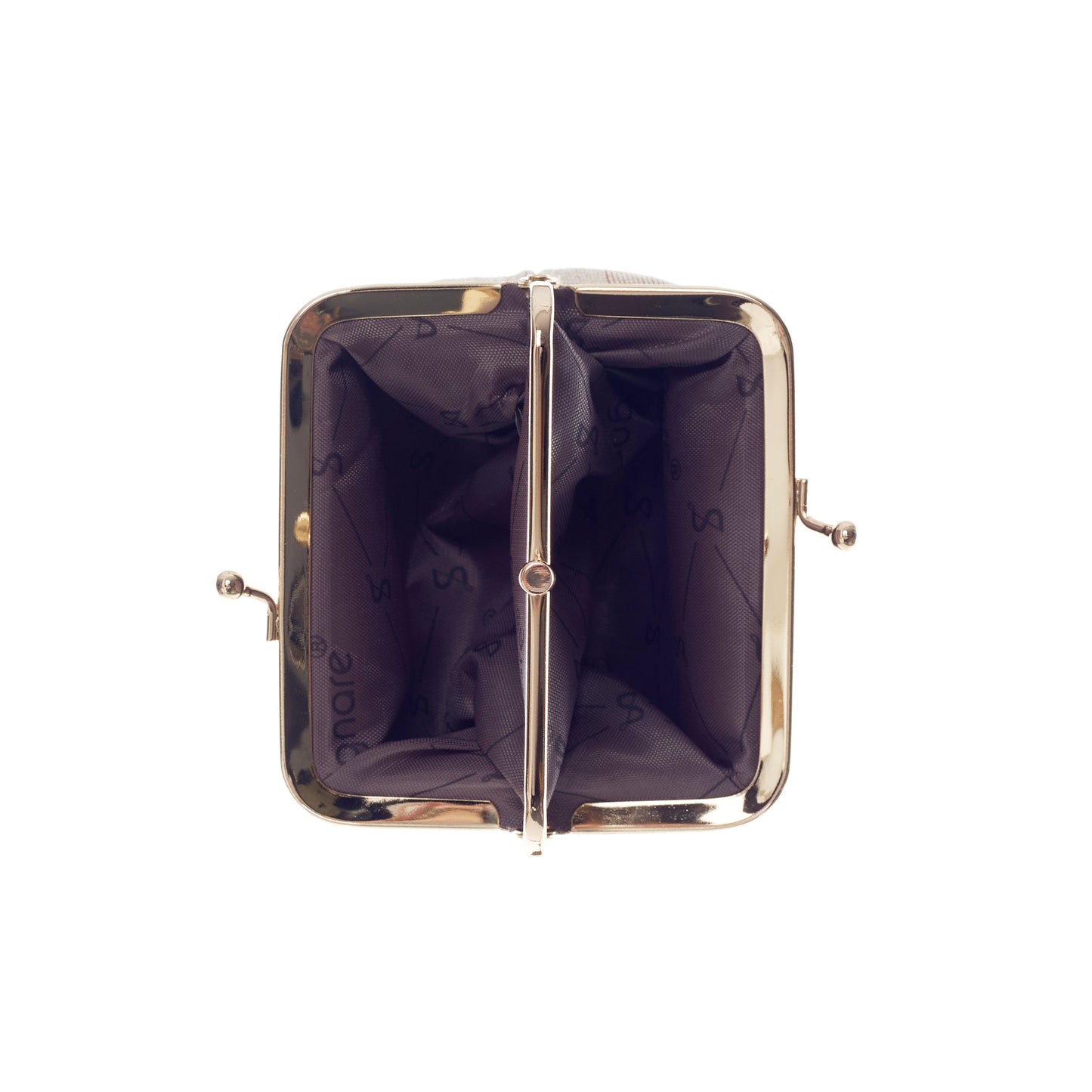 Inside view of Highland Cow Frame Purse showing double clasp compartments and patterned lining