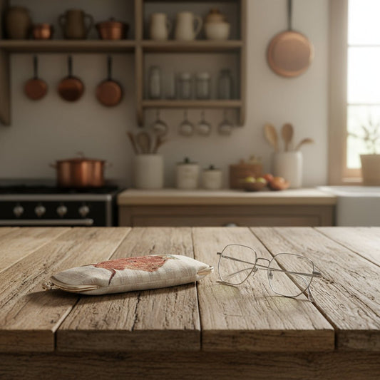 Highland Cow tapestry glasses pouch in multicolour with clasp, resting on rustic farmhouse table, styled for countryside living