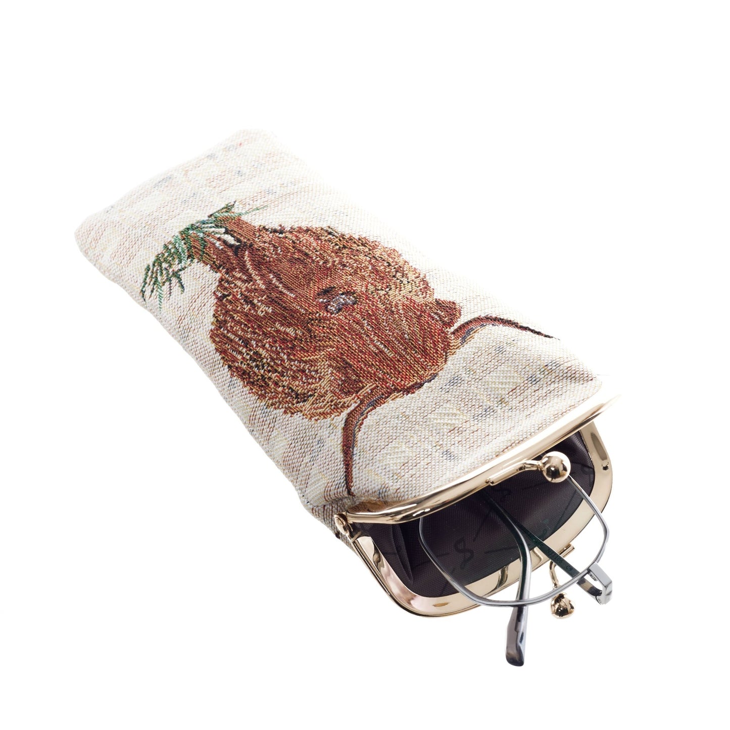 Open Highland Cow tapestry glasses pouch in multicolour with clasp, viewed from above, showing lined interior and rustic charm