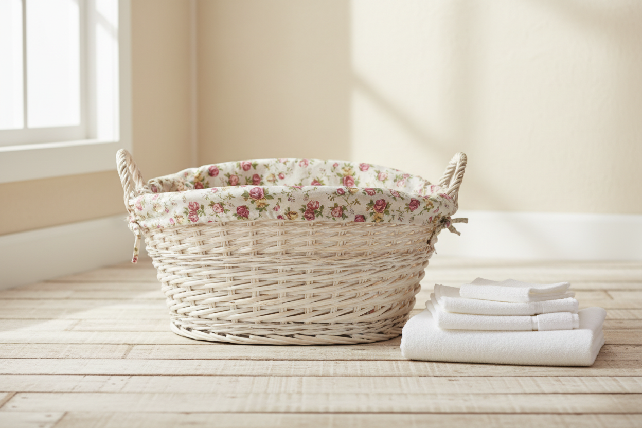 Large white wicker laundry basket vintage rose lining farmhouse UK