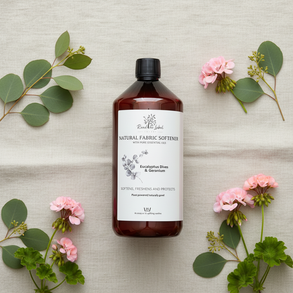 Natural fabric softener eucalyptus geranium botanical flat lay plant-based UK