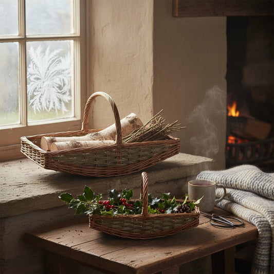 Two Kew Trug unpeeled willow baskets filled with holly and berries in wood lifestyle scene with hot drink, throw and scissors