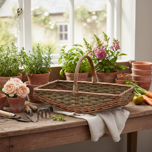 Unpeeled willow garden trug holly berries cottage lifestyle UK